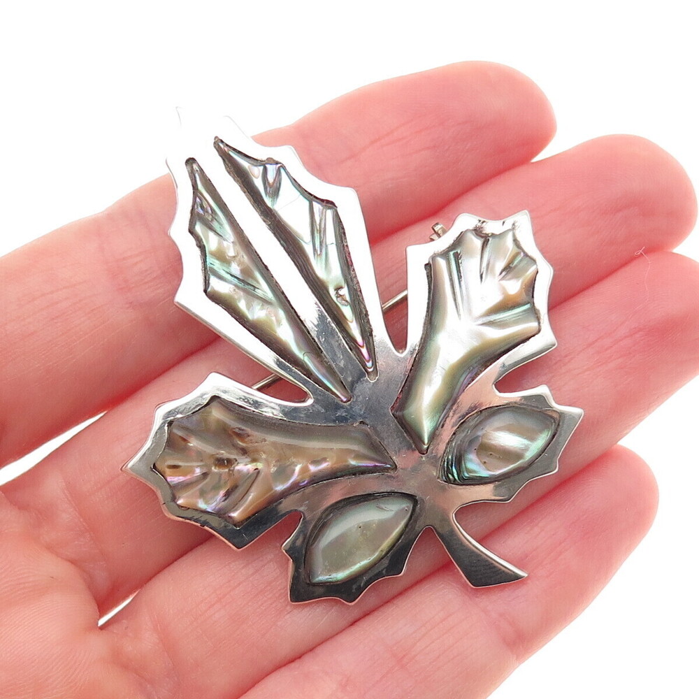 925 Sterling Silver Vintage Mexico Real Abalone Shell Maple Leaf Pin Brooch